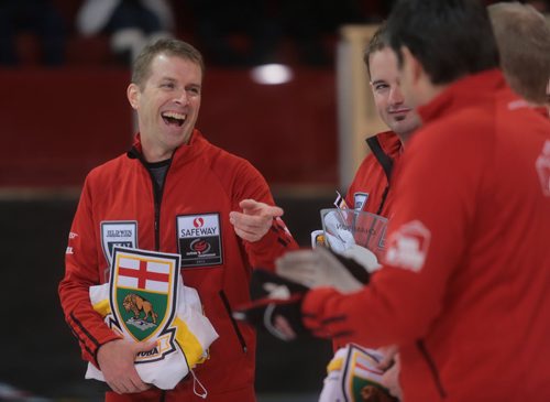 Brandon Sun Skip Jeff Stoughton shares a laugh with his teammates during the awards ceremony at the Safeway Championships in Neepawa, Man., on Sunday. (Bruce Bumstead/Brandon Sun)