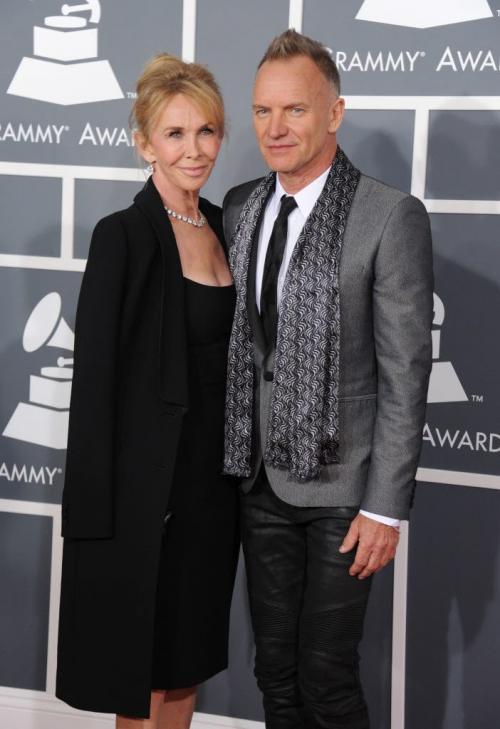 Trudie Styler, left, and Sting arrive at the 55th annual Grammy Awards on Sunday, Feb. 10, 2013, in Los Angeles.  (Photo by Jordan Strauss/Invision/AP)