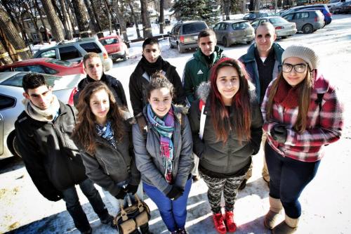 Teacher Emil Alloun (backrow far right) and students from the Mar Elias school in the northern Israel town of Ibillin are in Winnipeg on an exchange with students at the Westgate Mennonite Collegiate.  130212 February 12, 2013 Mike Deal / Winnipeg Free Press