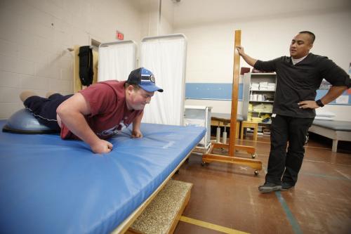 October 19, 2012 - 121019  -  Cole Maydanuk works with his therapist Ron Recuencoat a physiotherapy session at HSC Friday October 19, 2012. Maydanuk, the eldest son of Kim and Darryl Maydanuk was in a tragic workplace accident at the CN rail yards in Brandon on July 25, 2012 which resulted in the loss of both of his legs.  John Woods / Winnipeg Free Press