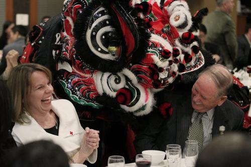 February 12, 2013 - 130212  -  Herb Steven and Jane Hunt enjoy the Lion Dance performed by the Ching Wu Athletic Association at the Chinese New Year Banquet at Kum Koon Garden Restaurant Tuesday February 12, 2013. John Woods / Winnipeg Free Press