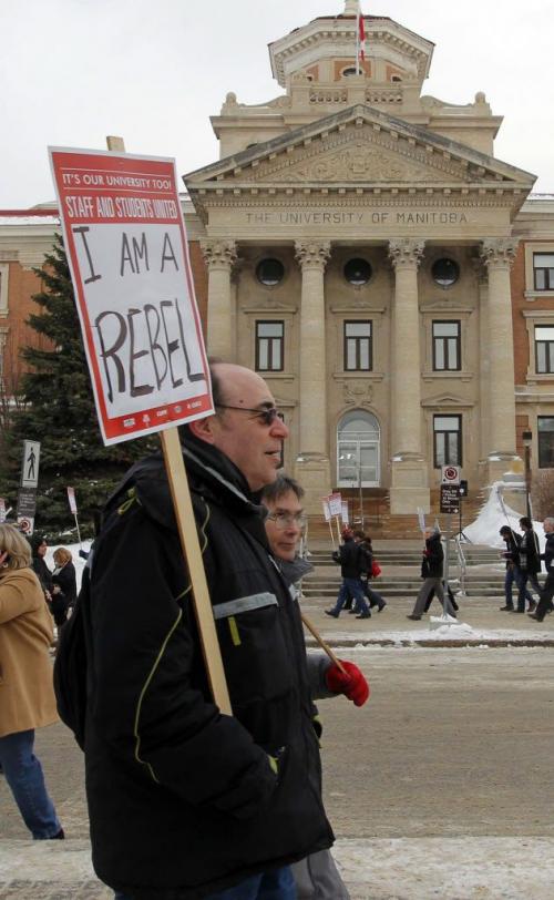 More than 500 University of Manitoba union members rallied outside the administration building today to protest president David Barnard's policies. They accused U of M of widespread contracting out and privatization. No ID on guy. Only ID is that he claims to be a rebel. Feb 13, 2013  BORIS MINKEVICH / WINNIPEG FREE PRESS