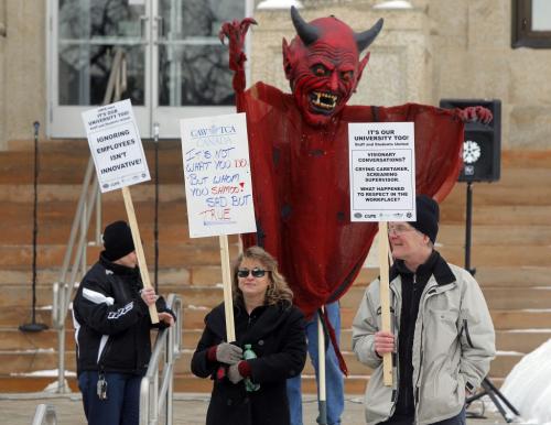 More than 500 University of Manitoba union members rallied outside the administration building today to protest president David Barnard's policies. They accused U of M of widespread contracting out and privatization. This was a massive devil puppet that the CAW brought to the event. Feb 13, 2013  BORIS MINKEVICH / WINNIPEG FREE PRESS