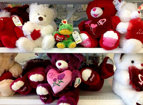 Stuffed red and white Valentines Day bears sit on a shelf at Value Village Wednesday afternoon just before Valentines Day.   Feb 13, 2013, Ruth Bonneville  (Ruth Bonneville /  Winnipeg Free Press)