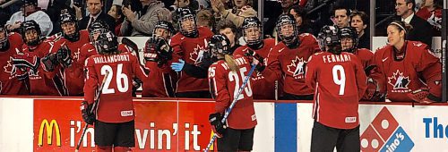 BORIS MINKEVICH / WINNIPEG FREE PRESS  070409 CANADA vs. FINLAND WOMENS HOCKEY  Second Period. Celebration after a goal in the second period by Wickenheiser.