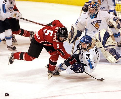 BORIS MINKEVICH / WINNIPEG FREE PRESS  070409 CANADA vs. FINLAND WOMENS HOCKEY  Third Period. Canada #5 Colleen Sostorics and #20 Saija Sirvio.