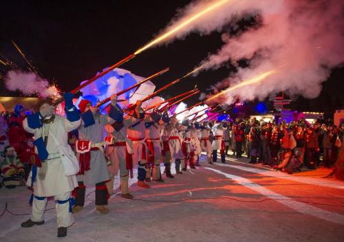 021513 Winnipeg-  Rifles fire into the air to officially open the 44th edition of the Festival du Voyageur Friday night at Voyageur Park. DAVID LIPNOWSKI / WINNIPEG FREE PRESS