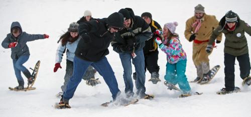People race in snowshoes at the Festival du Voyageur, Saturday, February 16, 2013. (TREVOR HAGAN/WINNIPEG FREE PRESS)