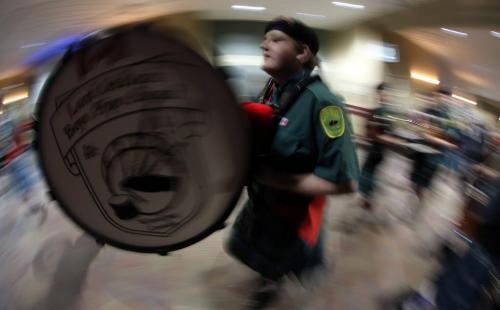 A member of the Lord Selkirk Boys Pipe Band walks with his drum prior to performing at the 20th annual Winnipeg Scottish Festival at the Convention Centre, Saturday, February 16, 2013. (TREVOR HAGAN/WINNIPEG FREE PRESS)