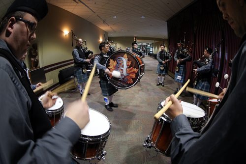 The St. Andrews Society of Winnipeg Pipe Band warms up before performing at the 20th annual Winnipeg Scottish Festival at the Convention Centre, Saturday, February 16, 2013. (TREVOR HAGAN/WINNIPEG FREE PRESS)
