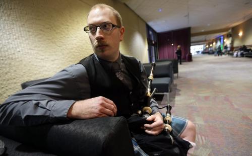 Scott Webster of the St. Andrews Society of Winnipeg Pipe Band waits before performing at the 20th annual Winnipeg Scottish Festival at the Convention Centre, Saturday, February 16, 2013. (TREVOR HAGAN/WINNIPEG FREE PRESS)