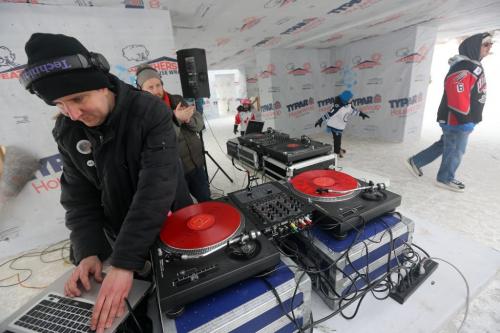 DJ Co-op and DJ Hunnicutt performing in a warming hut on the Assiniboie River at The Forks as part of the Music on Ice event, Sunday, February 17, 2013. (TREVOR HAGAN/WINNIPEG FREE PRESS)