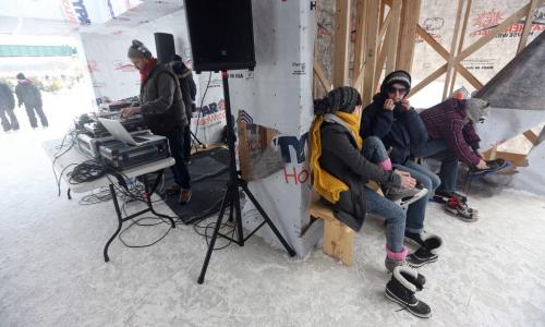 DJ Hunnicutt and DJ Co-op performing in a warming hut on the Assiniboie River at The Forks as part of the Music on Ice event, Sunday, February 17, 2013. (TREVOR HAGAN/WINNIPEG FREE PRESS)