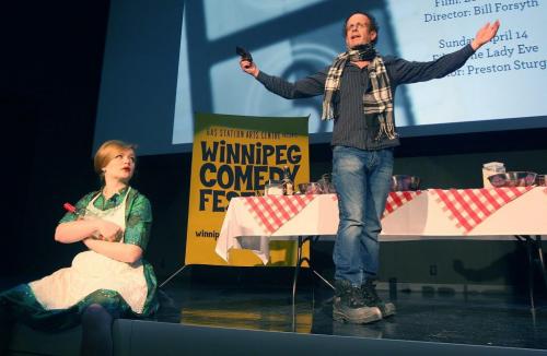 Kids in the Hall -Kevin McDonald, right, with Jane Testar were part of the kickoff Tuesday morning at the Metropolitan Entertainment Centre announcing the lineup for the 12th annual Winnipeg Comedy Festival See Brad Oswald story- February 19, 2013   (JOE BRYKSA / WINNIPEG FREE PRESS)