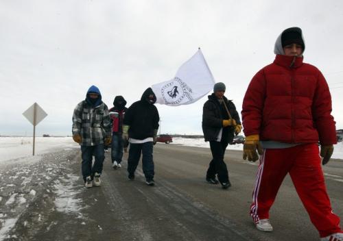 15 youth from Skownan First Nation aprx. 300 km North of Winnipeg left the area of Hyw 06 and  PR 101 towards their goal of the Manitoba Legislature in Winnipeg today- The group have spend six days walking from their community in protest of the proposed Bill- C45    Standup photo- February 21, 2013   (JOE BRYKSA / WINNIPEG FREE PRESS)