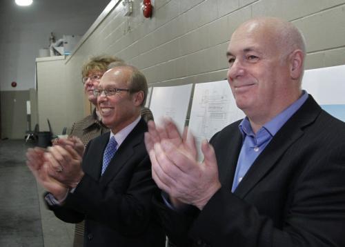 From right,  Peter Woods, executive director of Hockey Manitoba, Mayor Sam Katz and Erna Braun, MLA at the announcement of the East End Arena Expansion Project at  517 Pandora Avenue East.    Jen Skerritt story (WAYNE GLOWACKI/WINNIPEG FREE PRESS) Feb. 21 2013
