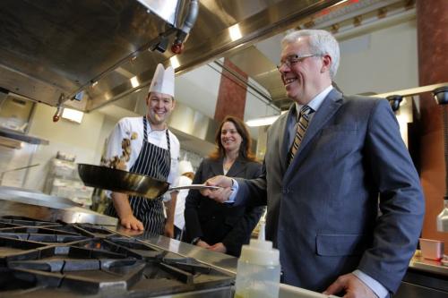 Red River College School of Hospitality and Culinary Arts grand opening. Instructor Luc Jean and Erin Selby, Minister of Advanced Education and Literacy/responsible for International Education, watch Manitoba Premier Greg Selinger flip some mushrooms at the new facilities on Main Street. Feb 21, 2013  BORIS MINKEVICH / WINNIPEG FREE PRESS