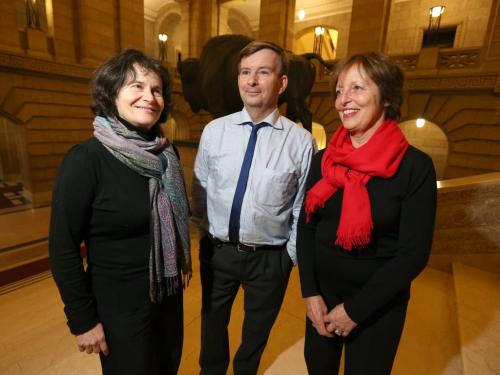 French researchers (from left) Juliette Bloch, Denis Lamblin and Carmen Kreft-Jais take look around the main staircase at a reception at the Manitoba Legislature in Winnipeg, Man., on Thurs., Feb. 21, 2013, for participants taking part in a Fetal Alcohol Spectrum Disorder (FASD) symposium this weekend. The symposium involves research being done on FASD in Manitoba and Israel as part of the Canada Israel International Fetal Alcohol Consortium. RE: Kusch story on FASD symposium Photo by Jason Halstead for the Winnipeg Free Press