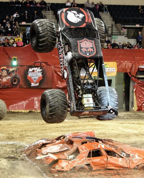 Driver Todd Leduc takes Metal Mulisha up for an amazing wheelie during a competition at the Maple Leaf Monster Jam event at MTS Centre Saturday afternoon. 130223 February 23, 2013 Mike Deal / Winnipeg Free Press