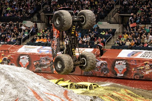 Driver Cam McQueen and his truck Northern Nightmare sail to a win during the wheelie competition at the Maple Leaf Monster Jam event at MTS Centre Saturday afternoon. 130223 February 23, 2013 Mike Deal / Winnipeg Free Press