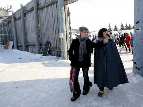 MP Shelly Glover and Ginette Lavack Walters, Executive Director of the Festival du Voyageur, walking through Fort Gibraltar after Glover announced funding, Sunday, February 24, 2013. (TREVOR HAGAN/WINNIPEG FREE PRESS)