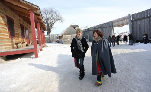 MP Shelly Glover and Ginette Lavack Walters, Executive Director of the Festival du Voyageur, walking through Fort Gibraltar after Glover announced funding, Sunday, February 24, 2013. (TREVOR HAGAN/WINNIPEG FREE PRESS)