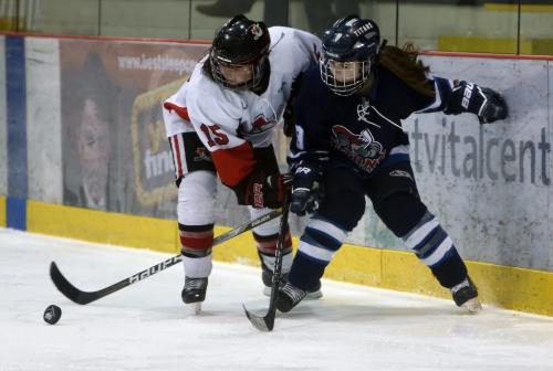 Pursuit of Excellence's Carla Goodwin and Shaftesbury Titans' Cydnee Cook battle for the puck during the second period of the Bronze Medal game of the Female Sport School Challenge Hockey Tournament, Sunday, February 24, 2013. (TREVOR HAGAN/WINNIPEG FREE PRESS)