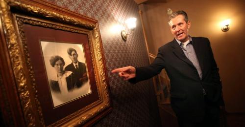 Mindfull of his heritage, Brian Pallister points to a portrait of his grandparents hung in his combination home and business in Portage la Prairie. The former MP and now Provincial Conservative Party Leader is the subject of a Randy Turner tale.  Feb 22, 2013 - (Phil Hossack / Winnipeg Free Press)