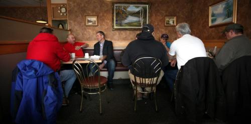 Surrounded by constituents, (friends or foes) Brian Pallister stops for coffee and news in his Portage la Prairie constiuency. The former MP and now Provincial Conservative Party Leader is the subject of a Randy Turner tale.  Feb 22, 2013 - (Phil Hossack / Winnipeg Free Press)