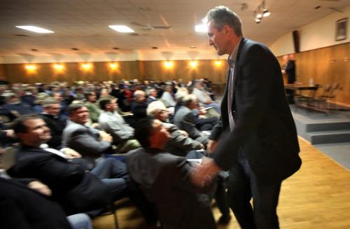 Brian Pallister presses the flesh at a meeting of flood victims about compensation in his Portage la Prairie constiuency. The former MP and now Provincial Conservative Party Leader is the subject of a Randy Turner tale.  Feb 22, 2013 - (Phil Hossack / Winnipeg Free Press)