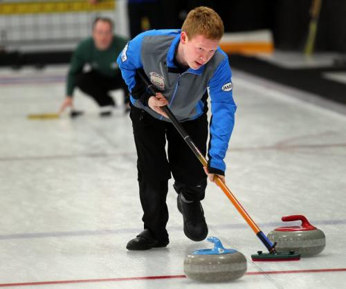 Carberry's Max Vankommer guides a rock inbound for the "house" at a community bonspiel held in Carberry annually. Featuring over a hundred teams, the spiel is a success story in the rural curling world. Feb 21, 2013 - (Phil Hossack / Winnipeg Free Press)