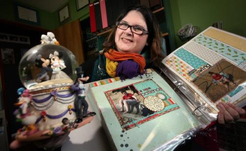 Charlene Walberg, president of Asbergers Manitoba with "Her Stuff", Scrapbooking stuff, a favorite scarf and a "snowball" commemorating Mickey and Minnie Mouses' wedding....a gift from her husband on their wedding day. February 25, 2013 - (Phil Hossack / Winnipeg Free Press)