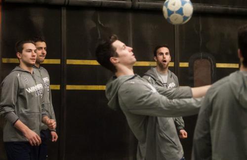 Alex Bumistrov (far left, Ondrej Pavelec and Andrew Ladd watch as James Wright controls the ball during a warm up of soccer two-touch before the Jets played the Florida Panthers at MTS Centre, Feb. 5, 2013