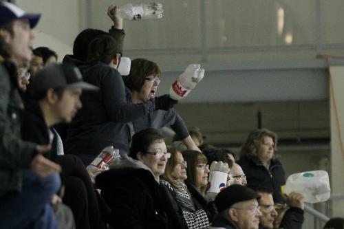 February 26, 2013 - 130226  -  Fans react during the John Taylor Pipers versus Oak Park Raiders final in the Winnipeg High School Hockey League at MTS Iceplex Tuesday February 26, 2013.  John Woods / Winnipeg Free Press