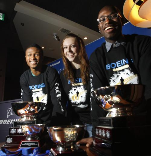 From right to left, Wilfred Samking, Manitobas Top Sprinter ,Robyn Wear, Nationally Ranking Hephtathlete and Alihaji Mansaray, Canadian Junior Champion at the news conference for the up coming 32nd.Annual Boeing Classic Track & Field. Ashley Prest story (WAYNE GLOWACKI/ WINNIPEG FREE PRESS) WINNIPEG FREE PRESS  Feb.27 2013