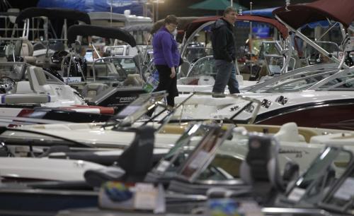 A couple browses during the 2013 Mid Canada Boat Show at the Winnipeg Convention Centre, Friday, March 1, 2013. (TREVOR HAGAN/WINNIPEG FREE PRESS)