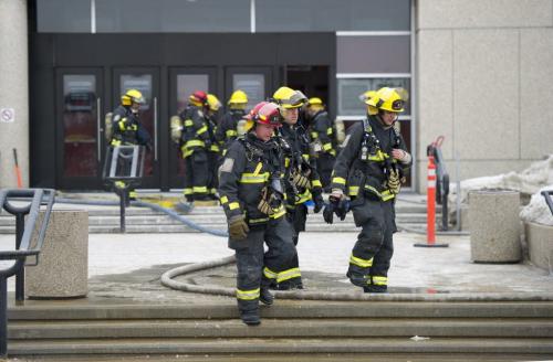 030213 Winnipeg-   Firefighter are on the scene of a working fire at the Winnipeg Tax Centre on Stapon Road Saturday morning. 55 employees were evacuated to Kildonan Place Mall. DAVID LIPNOWSKI / WINNIPEG FREE PRESS