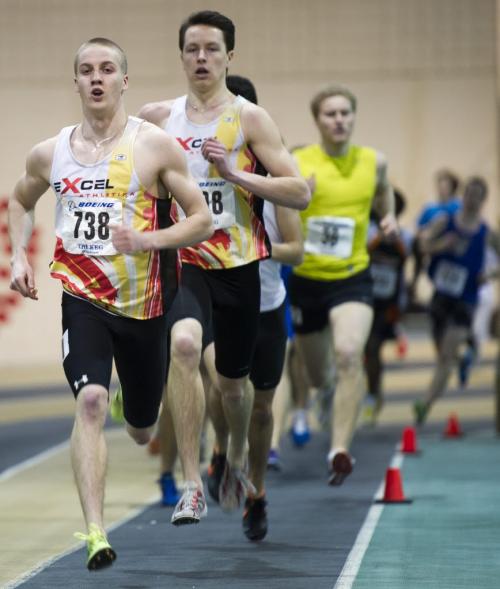030213 Winnipeg-  Alex Eiswerth lease the pack during the junior 800M mens race at the 32nd Annual Boeing Indoor Classic Tracking and Field Meet at the Max Bell Centre at The University of Manitoba Saturday. DAVID LIPNOWSKI / WINNIPEG FREE PRESS