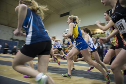 030213 Winnipeg-  The start of the 800M women's youth event during the 32nd Annual Boeing Indoor Classic Tracking and Field Meet at the Max Bell Centre at The University of Manitoba Saturday. DAVID LIPNOWSKI / WINNIPEG FREE PRESS