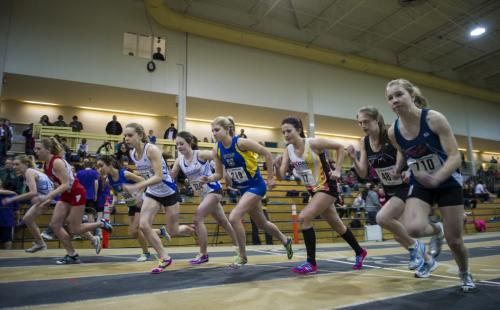 030213 Winnipeg-  The start of the 800M women's youth event during the 32nd Annual Boeing Indoor Classic Tracking and Field Meet at the Max Bell Centre at The University of Manitoba Saturday. DAVID LIPNOWSKI / WINNIPEG FREE PRESS