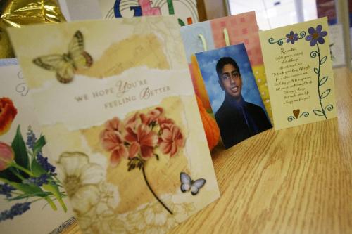 John Woods / Winnipeg Free Press / April 13/07 - 070413 - A portrait of Afzal (Matthew) Kassim (16),  who was severely injured in a rollover on Mar 27/07 on the Sterling Lyon, sits amongst well wishes at the HSC Rehad hospital Friday, Apr 13/07.