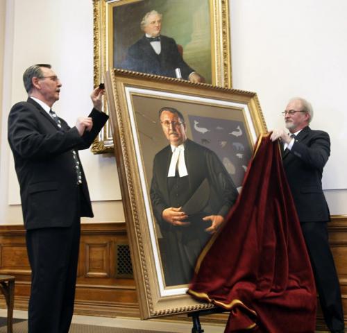 Former Speaker of the Manitoba  Legislative Assembly George Hickes at left, unveils his official portrait Tuesday along with Daryl Reid, the current Speaker of The House at a ceremony in the Manitoba Legislative Bld. Bruce Owen story.WAYNE GLOWACKI/ WINNIPEG FREE PRESS) WINNIPEG FREE PRESS  March 5 2013