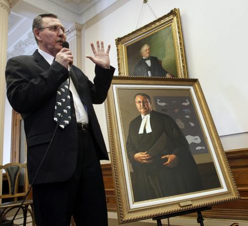 Former Speaker of the Manitoba Legislative Assembly George Hickes at the  unveiling  of his official portrait Tuesday at the ceremony in the Manitoba Legislative Bld. Bruce Owen story.WAYNE GLOWACKI/ WINNIPEG FREE PRESS) WINNIPEG FREE PRESS  March 5 2013
