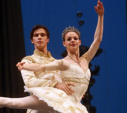 RWB Äì Royal  Winnipeg Ballet media call for Marius  Petipa choreographed with music by  Tchaikovsky's Sleeping Beauty , held at the Winnipeg Concert Hall ,running Mar 6 -10 , in pic from Act 3  principal dancer Jo-Ann Sundermeier as Princess Aurora and first soloist Oleksii Potomkin ( this is correct with k ,some RWB Nr says Olexsii) as the Prince Desire in a pas de deux KEN GIGLIOTTI / Mar. 5 2013 / WINNIPEG FREE PRESS