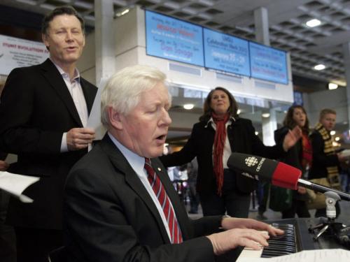 WAYNE.GLOWACKI@FREEPRESS.MB.CA  Bob Rae, Liberal MP along with backup singers including Liberal candidate Terry Duguid (left) performs his "prorogue song" to the tune of the Beatles' "Let It Be" for University of Manitoba students in the University Centre Tuesday. Rae later spoke on the campus to students on Canada's role on the global stage.    Larry Kusch story. With Video.  Winnipeg Free Press Feb. 02  2010
