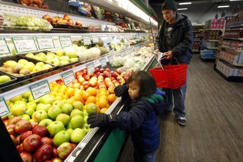 Andrew Guimond  with his son Aiden age 4  shop for fresh produce  at the Superstore grocery  located in the same building as the new Tim's on the Sagkeeng  First Nation -Story by Bill Redekop . KEN GIGLIOTTI / Mar. 7 2013 / WINNIPEG FREE PRESS