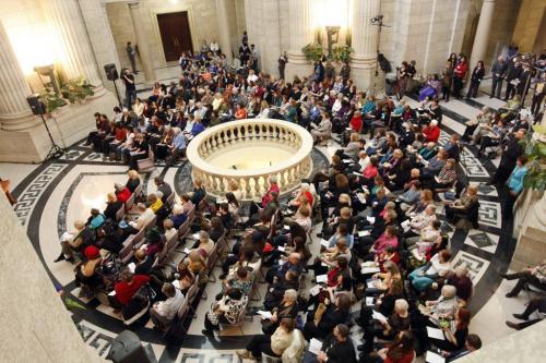 STDUP - 300 people took part in Manitoba Legislative Building , Rotunda  Celebration of International Women's Day (11:45 am ), sandwich luncheon  was served and speakers marked the annual event ,  that started at the United Nations 1975 KEN GIGLIOTTI / Mar. 8 2013 / WINNIPEG FREE PRESS
