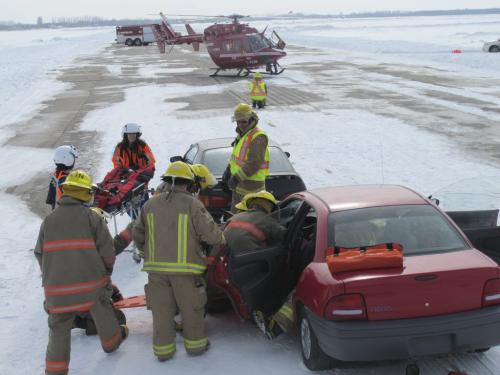 STEPH CROSIER / WINNIPEG FREE PRESS 
STARS along with the St. Andrews and West St Paul Fire departments simulated an accident victim rescue at St. Andrews Airport Saturday. Fire Chief Ken Peacock said learning how to land a helicopter safely could be the difference in the survival of the patient. March 9, 2013
