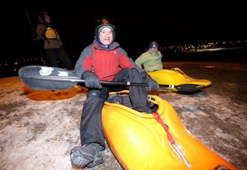 Bradley Swartz participates as the Manitoba Whitewater Club held their third annual KayakBogganing night on the hill at Civic Park, behind Kildonan East Collegiate, Saturday, March 9, 2013. (TREVOR HAGAN/WINNIPEG FREE PRESS)