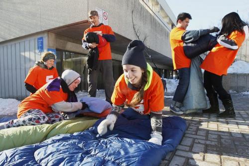March 10, 2013 - 130310  -  (L to R) Janelle Remillard, Morgan Fisher, Colin McDougall, Emily Ashley, Justin Monton, and Khrystyna Prokopovych set up their sleeping bags at the start of The 5Days for the Homeless campaign which kicked off at the University of Manitoba Sunday, March 10th, 2013. From March 10-15, 2013, students will sleep outside for "5 Days for the Homeless" - a campaign which aims to create awareness and raise funds for the homeless in communities across Canada. John Woods / Winnipeg Free Press